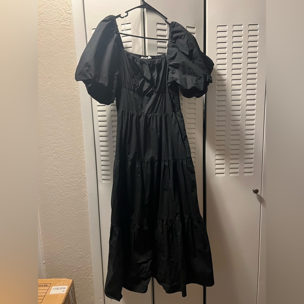 Baltic born black midi dress with puff sleeves
